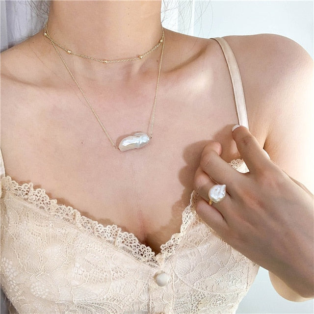 HUANZHI 2019 Hip Hop Multi-layer Imitation Irregular Pearls Chain Metal Beads Line Lock Chain Necklace for Women Jewelry