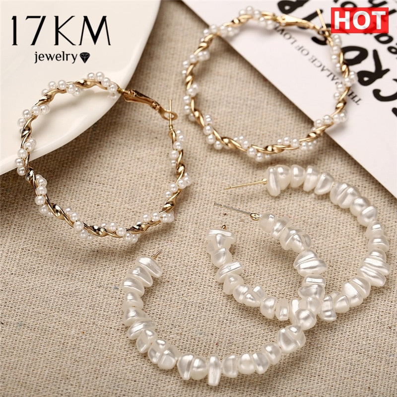 17KM Oversize Pearl Hoop Earrings For Women Girls Unique Twisted Big Earrings Circle Earring Brinco Statement Fashion Jewelry