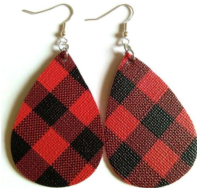 AKOLION Women's Faux Leather Floral Print Teardrop Dangle Pierced Earrings