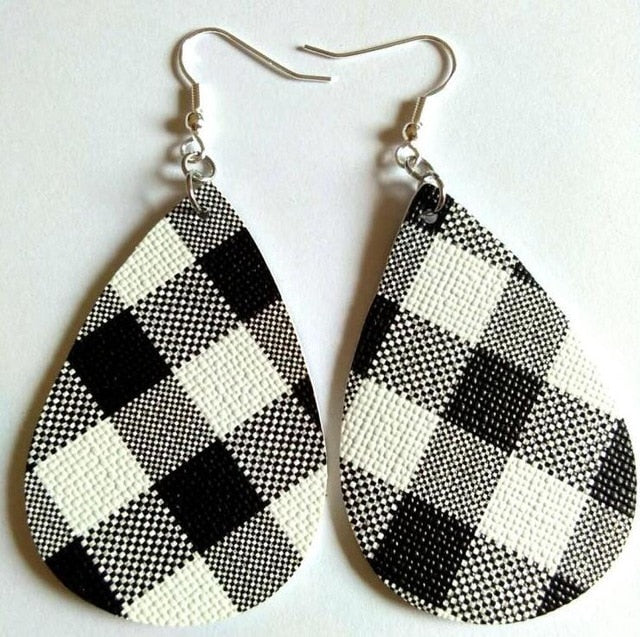 AKOLION Women's Faux Leather Floral Print Teardrop Dangle Pierced Earrings