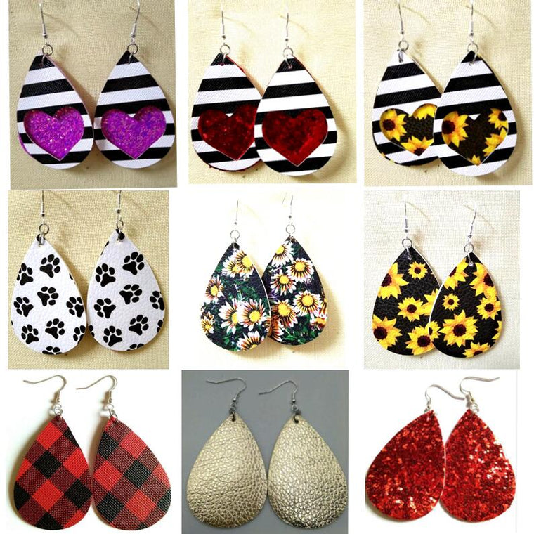 AKOLION Women's Faux Leather Floral Print Teardrop Dangle Pierced Earrings