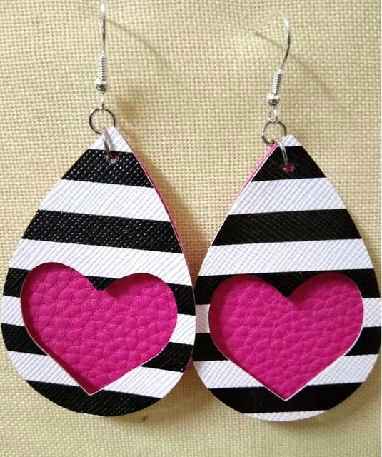 AKOLION Women's Faux Leather Floral Print Teardrop Dangle Pierced Earrings