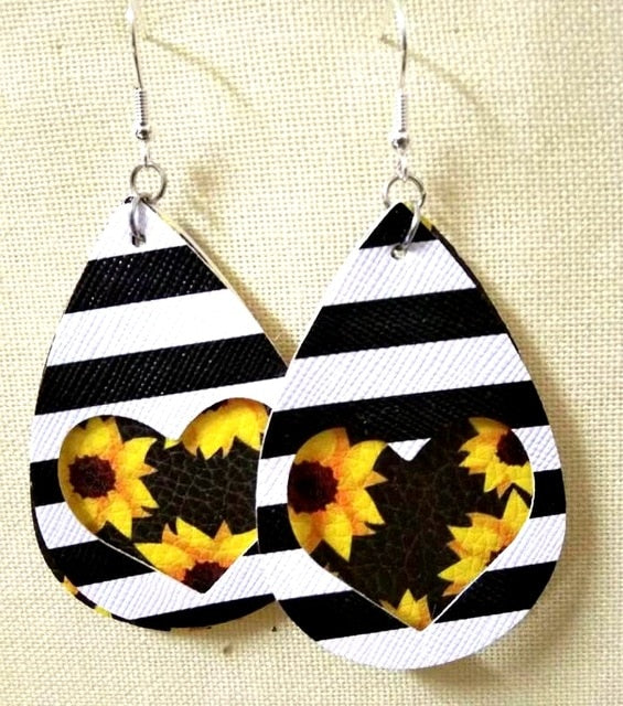 AKOLION Women's Faux Leather Floral Print Teardrop Dangle Pierced Earrings