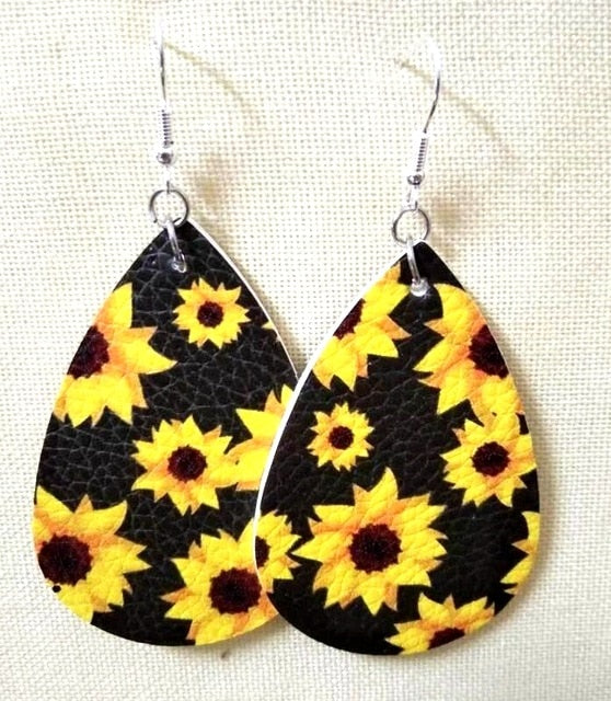 AKOLION Women's Faux Leather Floral Print Teardrop Dangle Pierced Earrings