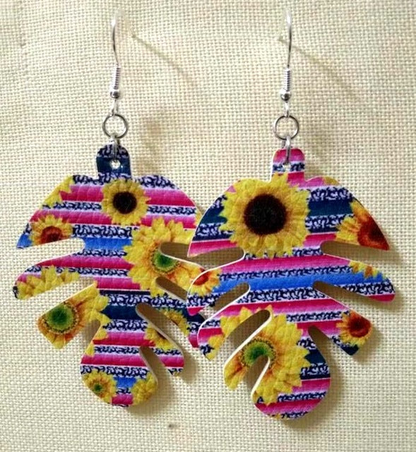 AKOLION Women's Faux Leather Floral Print Teardrop Dangle Pierced Earrings