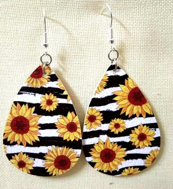 AKOLION Women's Faux Leather Floral Print Teardrop Dangle Pierced Earrings