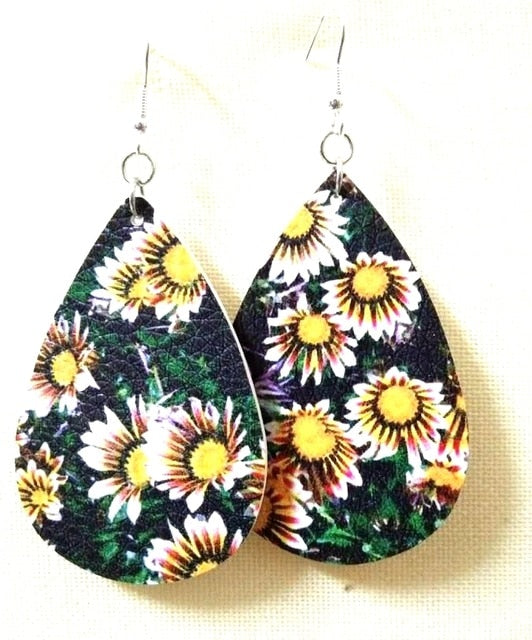 AKOLION Women's Faux Leather Floral Print Teardrop Dangle Pierced Earrings
