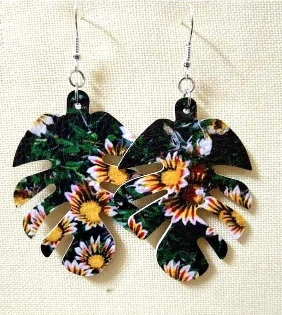 AKOLION Women's Faux Leather Floral Print Teardrop Dangle Pierced Earrings