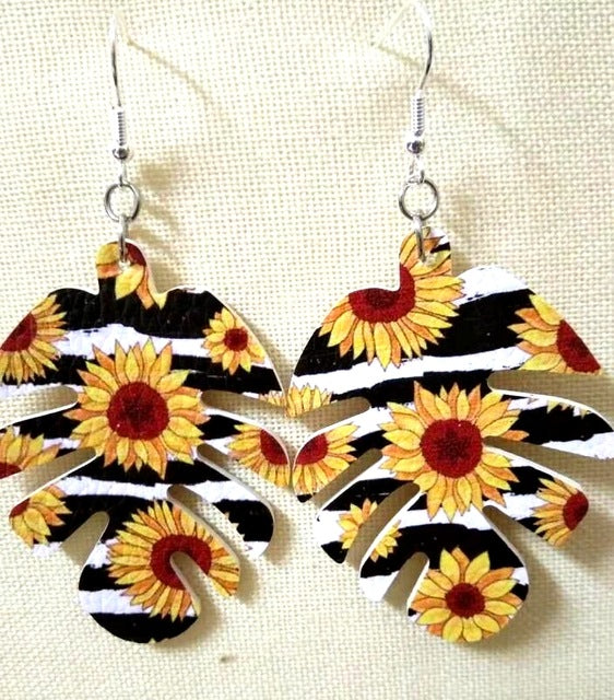 AKOLION Women's Faux Leather Floral Print Teardrop Dangle Pierced Earrings