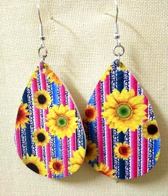 AKOLION Women's Faux Leather Floral Print Teardrop Dangle Pierced Earrings