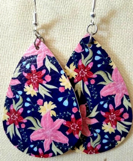 AKOLION Women's Faux Leather Floral Print Teardrop Dangle Pierced Earrings
