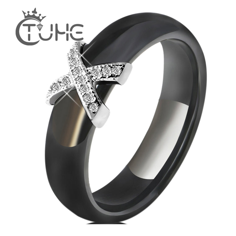 Fashion Jewelry Women Ring With AAA Crystal 6/8 mm X Cross Ceramic Rings For Women Men Plus Big Size 10 11 12 Wedding Ring Gift