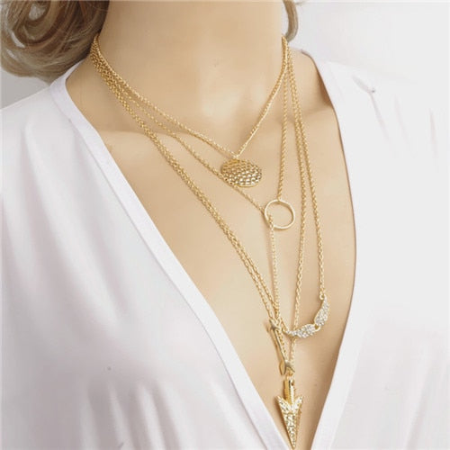Hot Fashion Gold Color Multilayer Coin Tassels Lariat Bar Necklaces Beads Choker Feather Pendants Necklaces For Women Bijoux
