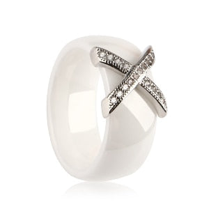 Fashion Jewelry Women Ring With AAA Crystal 6/8 mm X Cross Ceramic Rings For Women Men Plus Big Size 10 11 12 Wedding Ring Gift