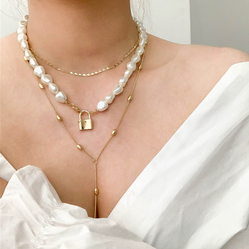 HUANZHI 2019 Hip Hop Multi-layer Imitation Irregular Pearls Chain Metal Beads Line Lock Chain Necklace for Women Jewelry